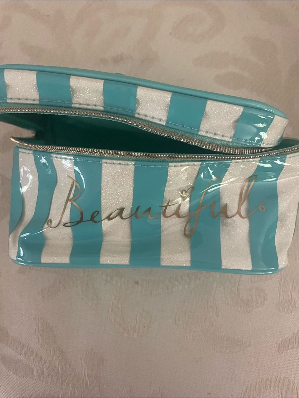 Beautiful Striped Cosmetic Bag - Turquoise and White